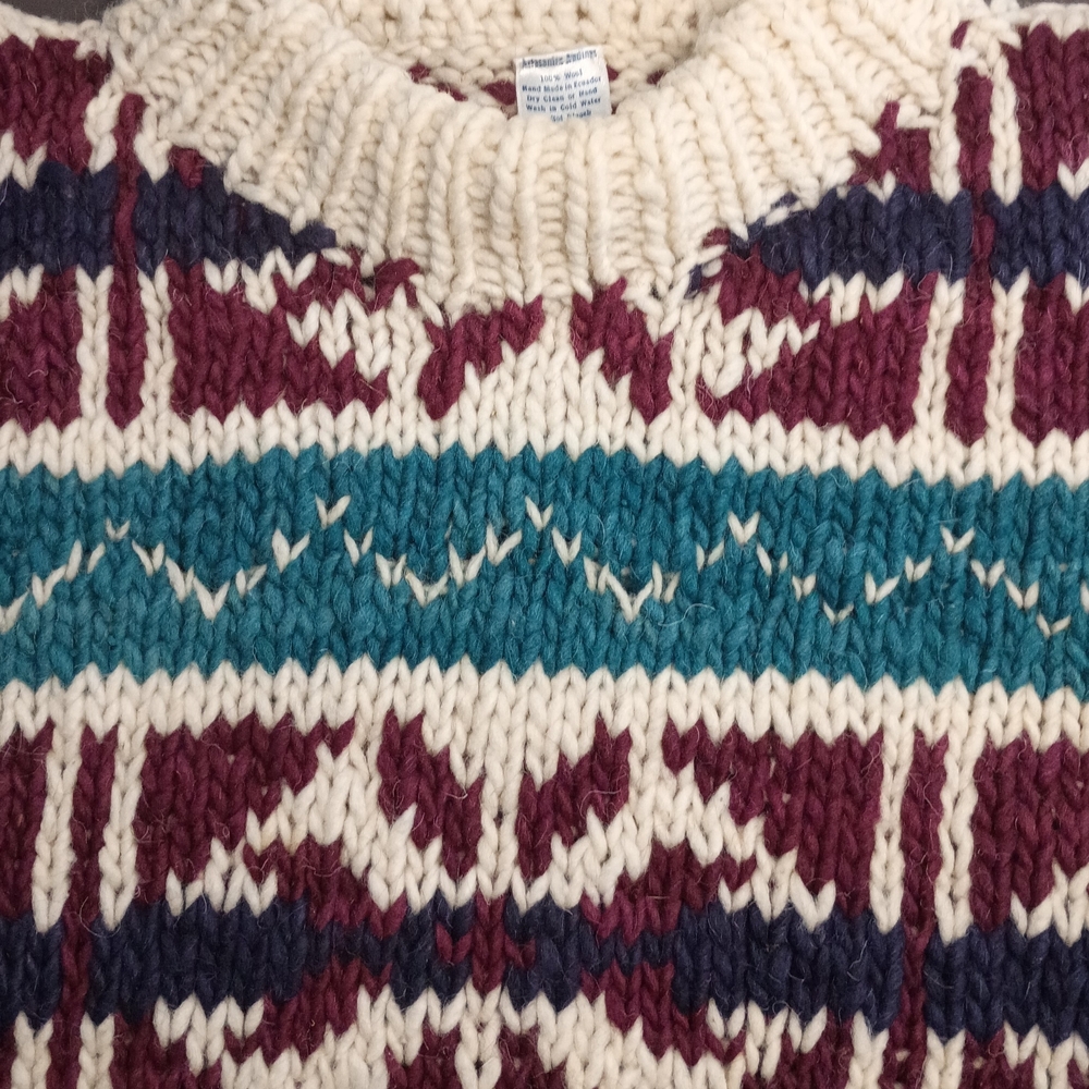 Cozy Hand Knit Crewneck Sweater From Equador- Cream, Burgundy, Teal.